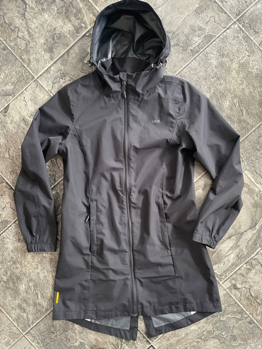 LOLE Women's Black Hooded Bungee-Waist Athleisure Lightweight Trench Jacket